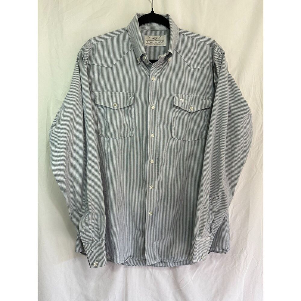 Longhorn Men's Vintage Blue/Black Pinstripe Western Wear Button Down Shirt SZ L